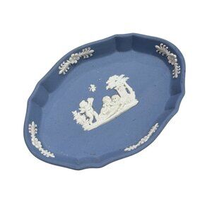 VINTAGE Wedgwood Blue Jasperware Oval Trinket Dish Cherub Made in England